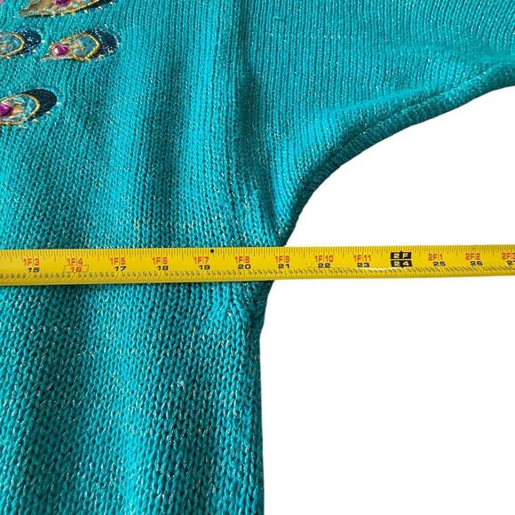 Bonnie Boerer Peacock Appliqué Sweater – Metallic Teal – M - Picture 7 of 8